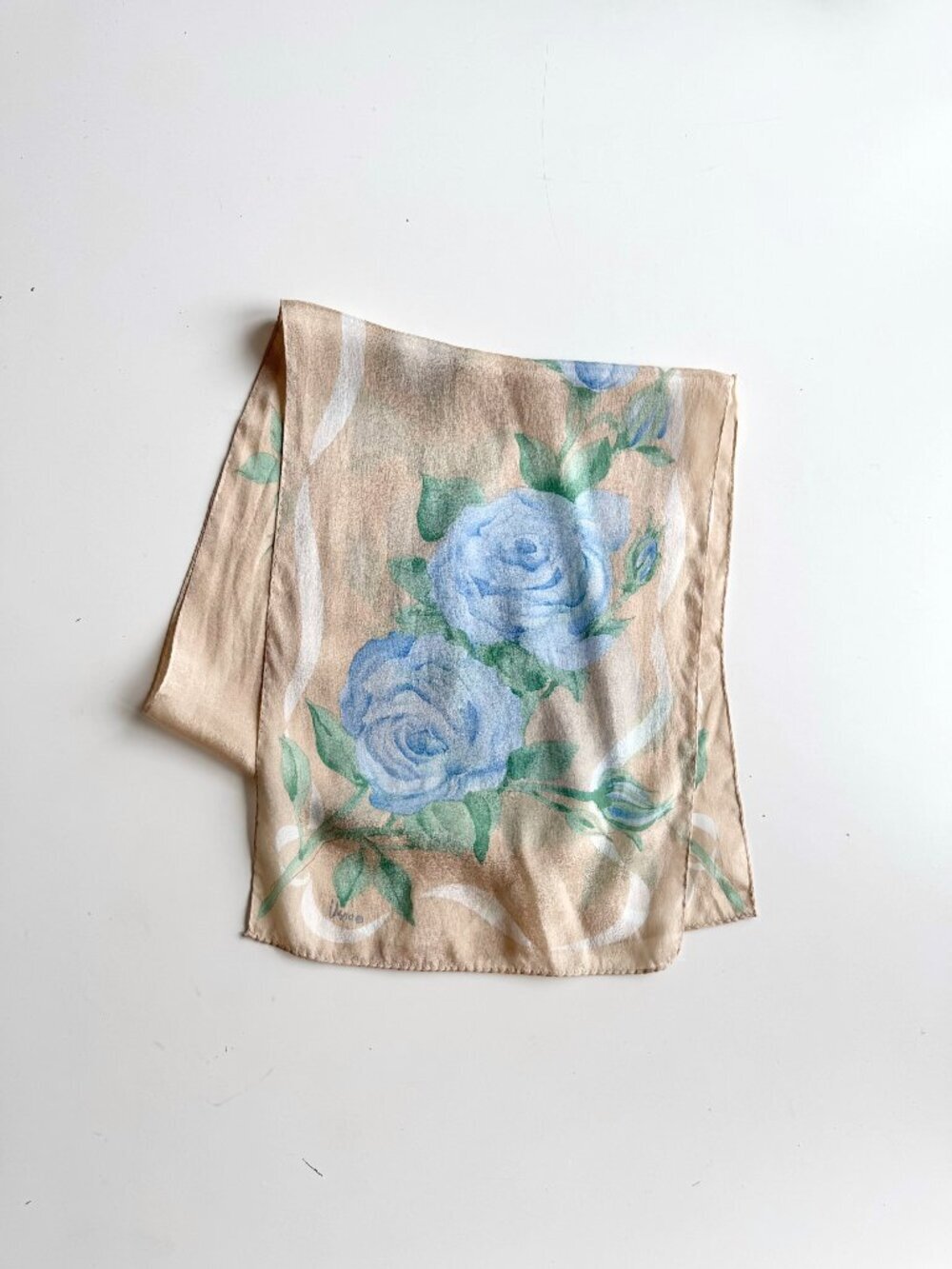 Vintage VERA Beige Blue Rose Print Silk Crepe 52" x 10" Rectangle Scarf  BlixaMi